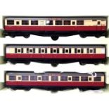 Three Hornby Crimson/cream coaches, ex Master Cutler set in drawer from boxed set. P&P Group 1 (£