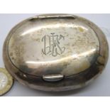 Hallmarked silver gilt lined table snuff with engraved initials and some dents, 72g. P&P Group 1 (£