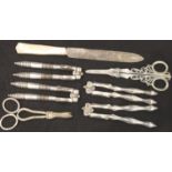 Two pairs of Victorian silver-plated grape scissors, a hallmarked silver knife with mother of