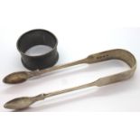 George III hallmarked silver sugar tongs, London assay and a hallmarked silver napkin rings,