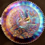 Unusual carnival glass dish decorated with two Peacocks sitting on a fence, D: 23 cm. P&P Group