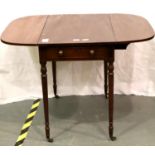 George III sofa table of inlaid and crossbanded mahogany and of small proportions, single drawer and