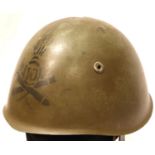 WWII Italian Alpine Artillery Helmet with battle damage. P&P Group 2 (£18+VAT for the first lot