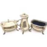 Hallmarked silver cruet comprising open salt, mustard and pepper with blue glass liner, London