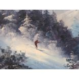 K. HOUSTON Oil on canvas of a skiing scene in a forest setting, signed by artist, 40 x 31 cm. Not