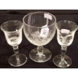 Robert Ellison (Meadows Glass) pair of etched Pinot Noir glasses, each signed, H: 17 cm and Robert