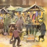 TOM BROWN (1933-2017, Salford) pastel of northern street market, 28 x 20 cm, signed to lower