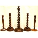 Two pairs of early 20th Century turned oak candlesticks, largest H: 34 cm and an oak twist lamp