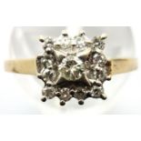 9ct gold diamond set cluster dress ring, size P. 2.3g. P&P Group 1 (£14+VAT for the first lot and £