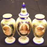 A set of three Victorian pink glass cameo vases with blue and gilt highlights each with the portrait