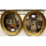 Two oval gilt framed coloured prints by Bill and Jeffryes, 34 x 43 cm. Not available for in-house