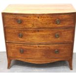 George III mahogany bow-front chest of three long drawers raised on bracket supports, 93 x 50 x 83