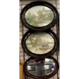 Two oval country prints and an oval mirror, all in mahogany frames. Not available for in-house P&