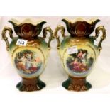Two Victorian ceramic vases with green glaze and gilt highlights each with cameo pictures of young
