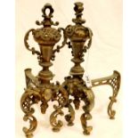 A large pair of gilt brass andirons, H: 41 cm. Not available for in-house P&P, contact Paul O'Hea at