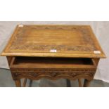 Oak occasional table with single drawer on turned supports with carved detail, 43 x 66 x 70 H