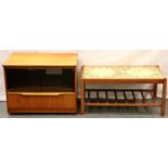 A G Plan style teak media cabinet with smoked glass doors, a rectangular coffee table having a tiled