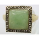 9ct gold cushion cut jade set ring surrounded by small diamonds, size V, 4.2g. P&P Group 1 (£14+