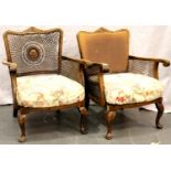 Pair of Art Deco walnut framed salon chairs with bergere panels (all require attention). Not