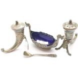 An unusual three piece cruet set in 925 Norwegian sterling silver, the mustard pot fashioned as a