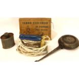 A vintage Ferro Electro Portuguese travel iron in original box along with Victorian perfume puffer