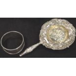 Hallmarked silver tea strainer, Chester assay, some creasing to bowl and a silver napkin ring. P&P