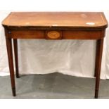 George III inlaid mahogany fold-over tea table, 92 x 90 x 84 cm H. Not available for in-house P&P,