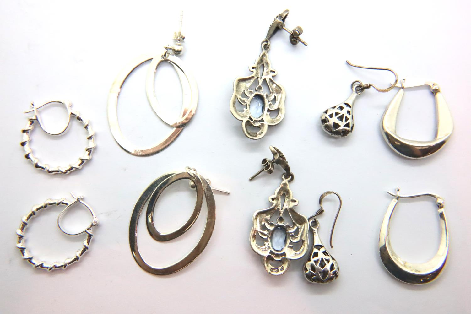 Five pairs of silver earrings including a stone set example, combined 27g. P&P Group 1 (£14+VAT - Image 2 of 2