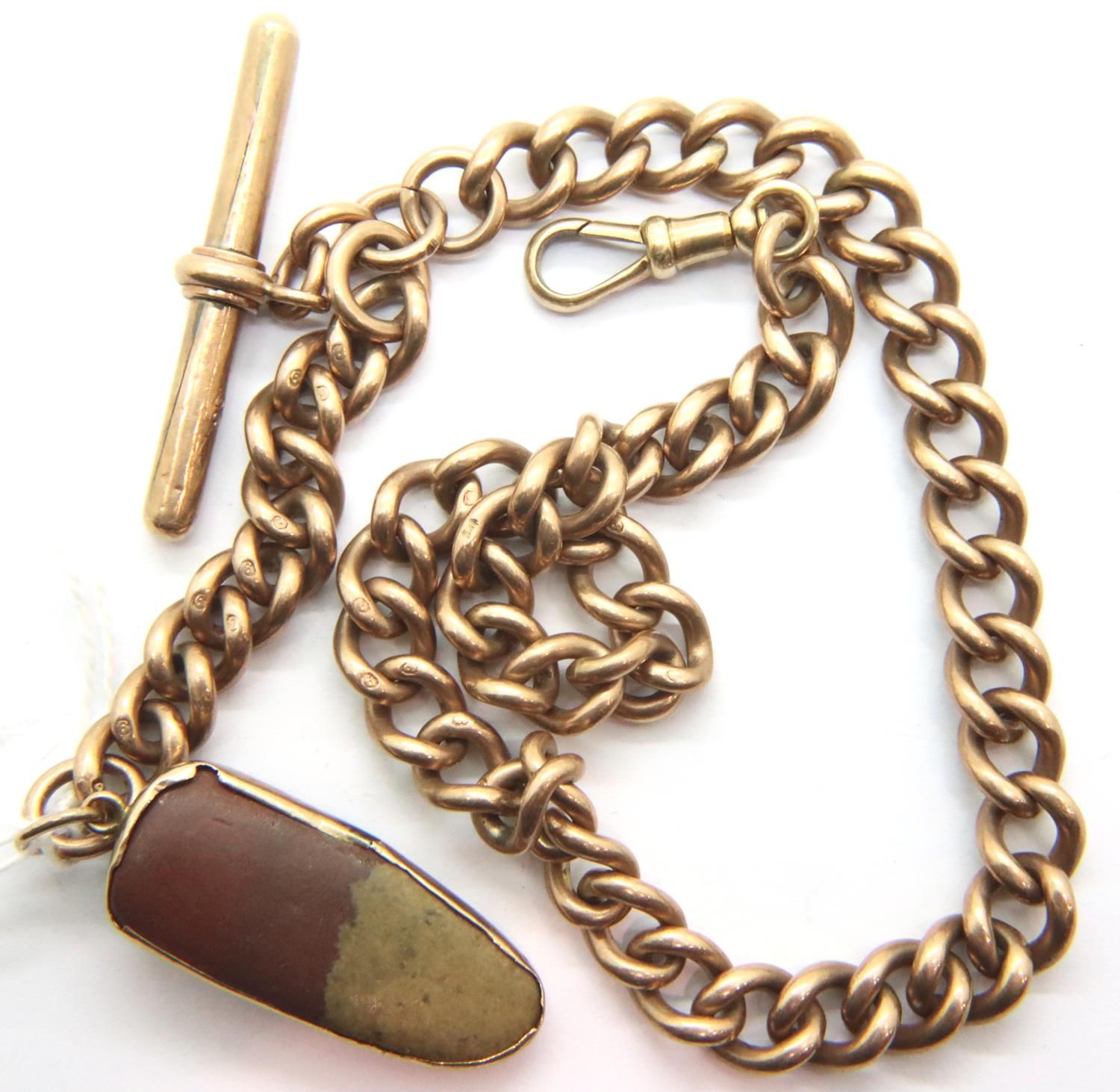 9ct gold pocket watch chain with claw clasp, T bar and stone fob, fob weight 6.0g, combined 54.9g. - Image 2 of 2