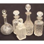 Six Victorian decanters, one hobnail cut, two with damage. Not available for in-house P&P, contact