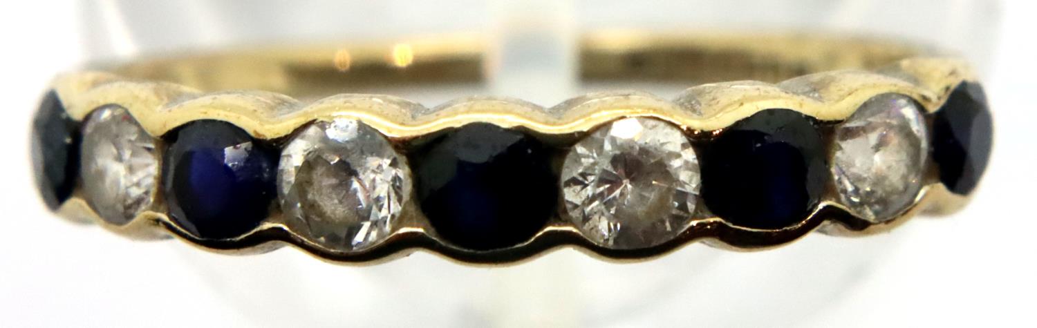 9ct gold hallmarked diamond and sapphire half eternity ring, size K, 1.2g. P&P Group 1 (£14+VAT