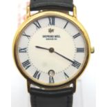 Raymond Weil; gents 18K gold plated wristwatch (requires battery) on a leather strap. P&P Group
