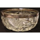 Cut glass bowl with hallmarked silver collar, D: 21 cm. P&P Group 3 (£25+VAT for the first lot