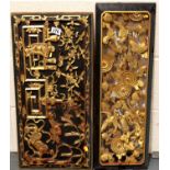 Two carved and gilt Oriental panels, largest 32 x 65 cm, one with damage. Not available for in-house