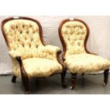 A Victorian walnut framed pair of salon chairs with buttoned spoon backs and turned supports, the