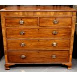 George III inlaid mahogany chest of two short above three long drawers, 123 x 56 x 110 cm H. Not