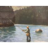 ROY NOCKOLDS, a large print, fly fishing, signed in pencil with gallery blind stamp, 55 x 75 cm. Not