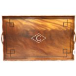 A 20th Century flame mahogany galleried tray inlaid and displaying a letter C within a rhombus, 68 x