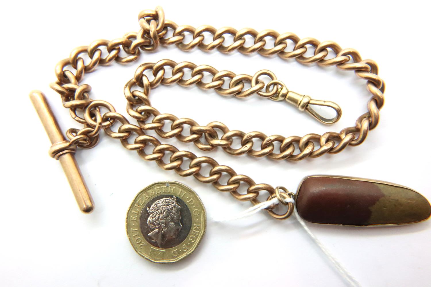 9ct gold pocket watch chain with claw clasp, T bar and stone fob, fob weight 6.0g, combined 54.9g.