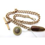 9ct gold pocket watch chain with claw clasp, T bar and stone fob, fob weight 6.0g, combined 54.9g.