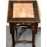 A 19th century Chinese carved hardwood vase stand with inset rouge marble top, H: 47 cm. Not