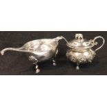 Calcutta silver lidded mustard pot with spoon, tea strainer and bowl, 204g. P&P Group 2 (£18+VAT for