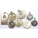 Eight silver fobs including St Christophers medals, combined. P&P Group 1 (£14+VAT for the first lot
