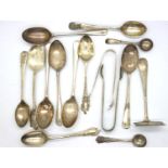 Mixed hallmarked silver teaspoons and sugar nips, 231g. P&P Group 1 (£14+VAT for the first lot
