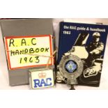 RAC related items to include 1963 guidebook, handbook and badges. P&P Group 1 (£14+VAT for the first