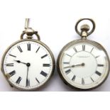 Two silver pocket watches and a chain. P&P Group 1 (£14+VAT for the first lot and £1+VAT for