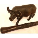 Tribal walking stick and a Tribal carved water buffalo, buffalo L: 18 cm. P&P Group 2 (£18+VAT for