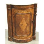 A 19th Century inlaid walnut bow-front corner cupboard with marble top, W: 67 cm, H: 92 cm. Not