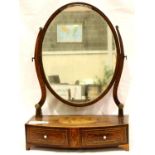 George III inlaid walnut toilet mirror, fitted with two short drawers. Mirror L: 45 cm. Not