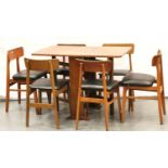 A 1970s dropleaf table of small proportions with a set of six dining chairs. Not available for in-